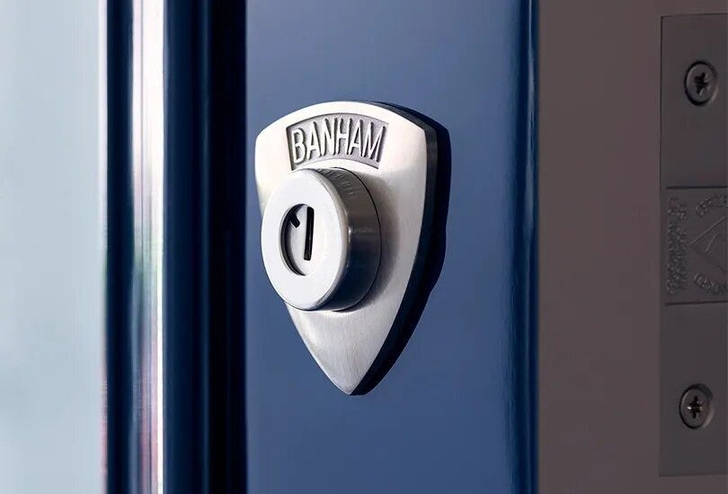 Satin Brass Door Lock on Blue Door